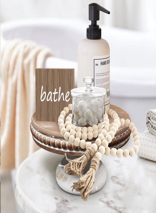 dwellington White Wash Round Display Wood Riser, 8.25” Shabby Chic Pedestal Tray Decor with Beads, Farmhouse Display Stands for Small Items in Coffee Bar, Bathroom, Kitchen Island - Image 3
